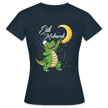 Eid Mubarak Dinosaur with Crescent Moon and Confetti - Women's T-Shirt - navy - Front - AI Model Female 172 dark (172cm)