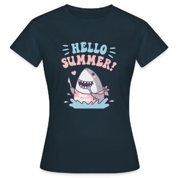 Funny Shark Bon Appetit, Hallo Sommer - Frauen T-Shirt - Navy - Vorne - AI Model Female 172 dark (172cm)