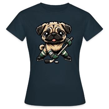 Ice hockey pug, dog in player outfit - Women's T-Shirt - navy - Front - AI Model Female 172 dark (172cm)
