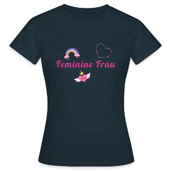 Feminine Frau, Regenbogen, Herz, LGBTQ - Frauen T-Shirt - Navy - Vorne - AI Model Female 172 dark (172cm)