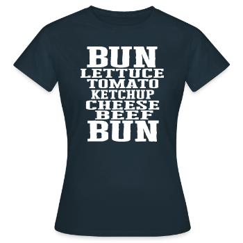 Burger Zutaten Typografie Cheeseburger Aufbau - Frauen T-Shirt - Navy - Vorne - AI Model Female 172 dark (172cm)