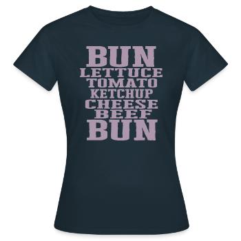 Burger Zutaten Typografie Cheeseburger Aufbau - Frauen T-Shirt - Navy - Vorne - AI Model Female 172 dark (172cm)