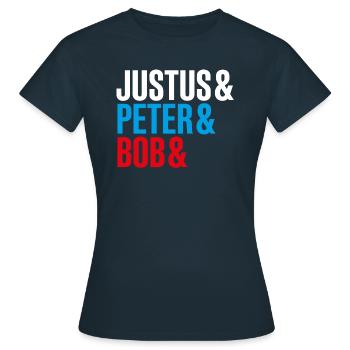 Die Drei ??? Justus&Peter&Bob&DEIN NAME - Frauen T-Shirt - Navy - Vorne - AI Model Female 172 dark (172cm)
