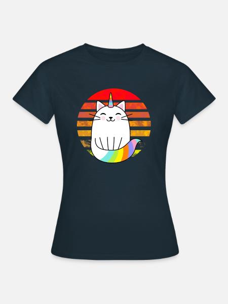 Einhorn Katze Regenbogen Sonnenuntergang - Frauen T-Shirt - Navy