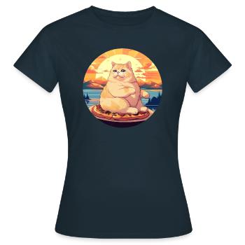 Sonnenuntergangs-Schmaus: Mollige Katze genießt - Frauen T-Shirt - Navy - Vorne - AI Model Female 172 dark (172cm)