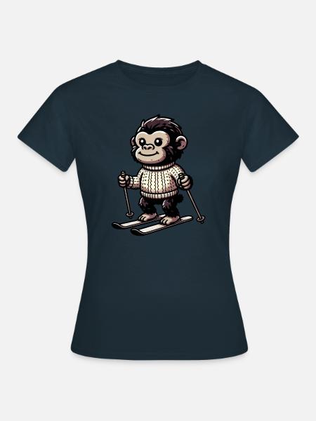 Niedlicher Affe beim Ski fahren im Winter - - Frauen T-Shirt - Navy