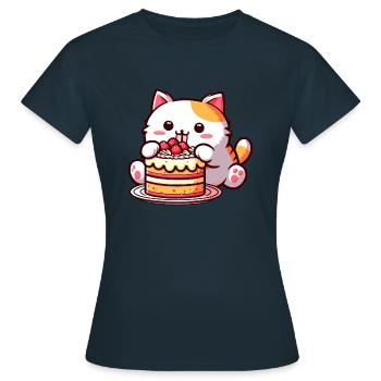 Cherry pie delight: Cute cartoon cat nibbles - Women's T-Shirt - navy - Front - AI Model Female 172 dark (172cm)