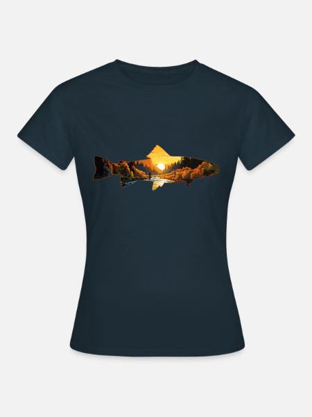 Retro Sunset River & Mountain Scene Trout - Women's T-Shirt - navy