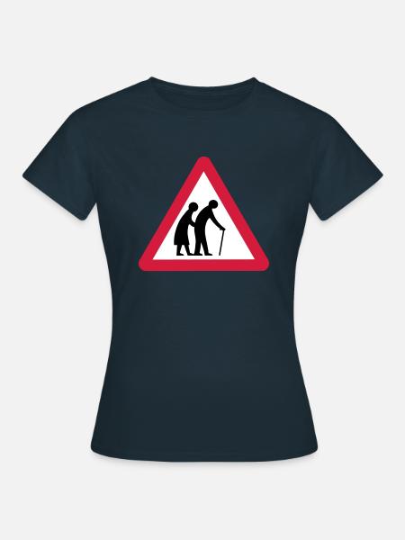Caution Old People Crossing Traffic Sign - Women's T-Shirt - navy