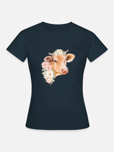 KUH MIT BLUMEN - Frauen T-Shirt - Navy
