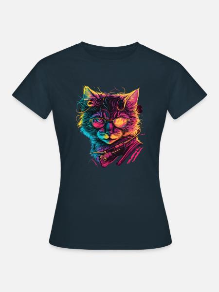 Synthwave Katze 80s Geschenk - Frauen T-Shirt - Navy