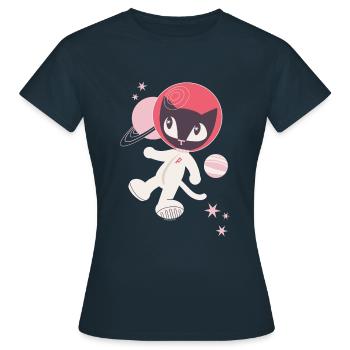 Pussy Deluxe Katze als Astronaut mit Planeten - Frauen T-Shirt - Navy - Vorne - AI Model Female 172 dark (172cm)