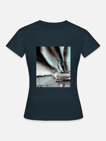 Polarlicht und Pinguin, handgemaltem Design - Frauen T-Shirt - Navy