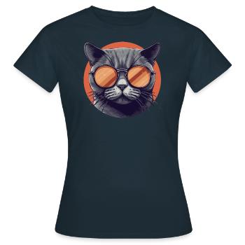 Katze Mietz Stubentiger Sonnenbrille - Frauen T-Shirt - Navy - Vorne - AI Model Female 172 dark (172cm)