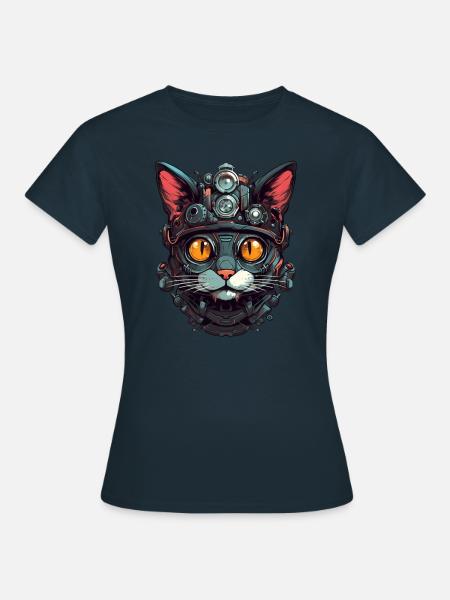 Katze Roboter Cyborg Kopf Portrait Steampunk Cyber - Frauen T-Shirt - Navy