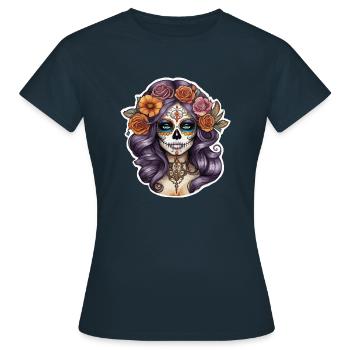 Frauen Skull im mexikan Stil Tatoo Art - Frauen T-Shirt - Navy - Vorne - AI Model Female 172 dark (172cm)