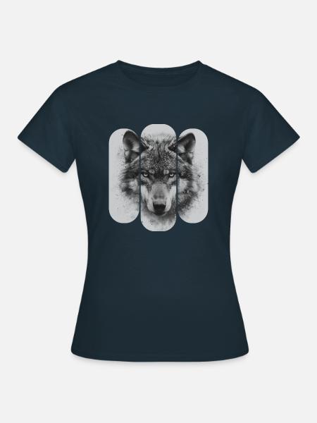 Triptychon Schwarz-Weißer Wolf - Frauen T-Shirt - Navy