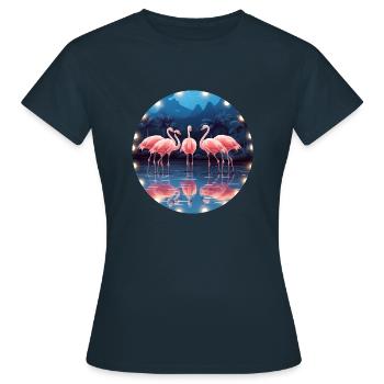 Flamingo Flock Tropical, Liebe Flamingos - Frauen T-Shirt - Navy - Vorne - AI Model Female 172 dark (172cm)