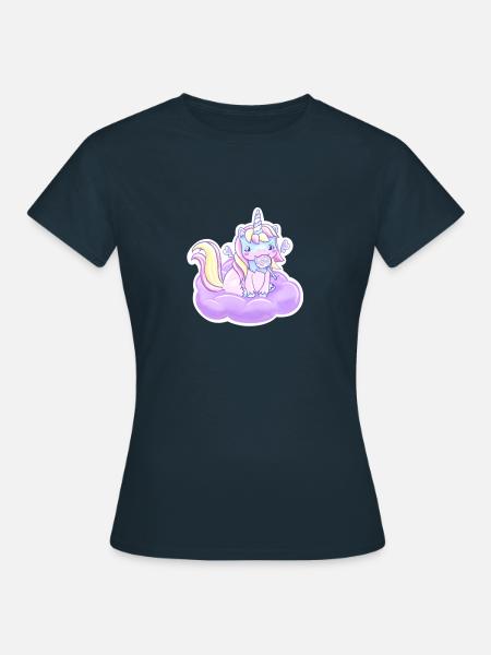 Cute Chubby Unicorn ~ Einhorn mit Lolli auf Wolke - Frauen T-Shirt - Navy