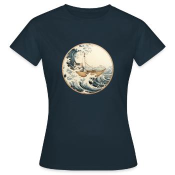 Hokusai Tsunami Kitten - Tsunami Cat - T-shirt Femme - marine - Devant - AI Model Female 172 dark (172cm)