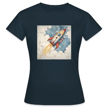 Rakete startet in den blauen Himmel durch Wolken. - Frauen T-Shirt - Navy - Vorne - AI Model Female 172 dark (172cm)