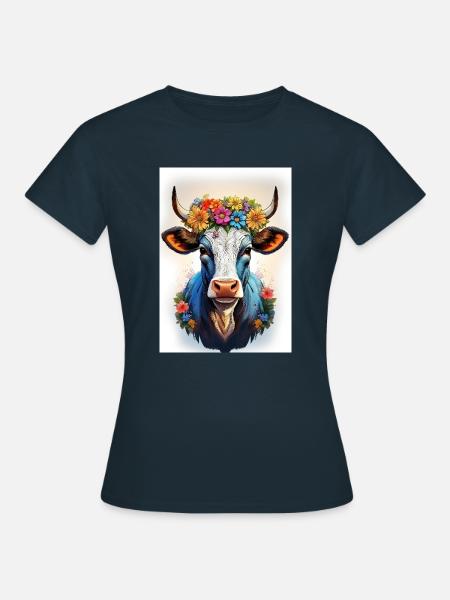 Kuh mit Blumenkranz - Frauen T-Shirt - Navy
