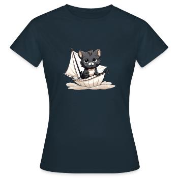 Chat mignon sur un dériveur - T-shirt Femme - marine - Devant - AI Model Female 172 dark (172cm)