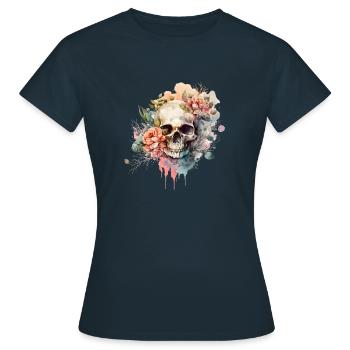 Totenkopf mit Blumen - Skull Dia De Los Muertos - Frauen T-Shirt - Navy - Vorne - AI Model Female 172 dark (172cm)