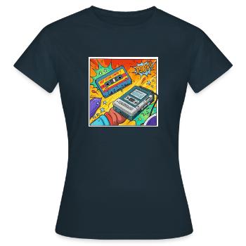 90s vibes: Walkman cult in comic look - Women's T-Shirt - navy - Front - AI Model Female 172 dark (172cm)
