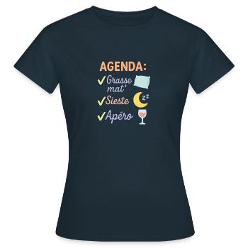 Humour retraite – Agenda parfait : grasse mat... - T-shirt Femme - marine - Devant - AI Model Female 172 dark (172cm)