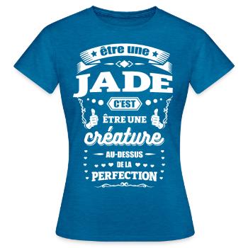 NOM - PRÉNOM - JADE - T-shirt Femme - bleu saphir antique chiné - Devant - AI Model Female 172 dark (172cm)
