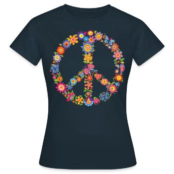 Peace & Frieden & Farben 🌸 Flower Vibes - Frauen T-Shirt - Navy - Vorne - AI Model Female 172 dark (172cm)