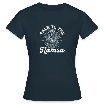 Hamsa Eye Hand Talisman Yoga Fluchschutz - Frauen T-Shirt - Navy - Vorne - AI Model Female 172 dark (172cm)