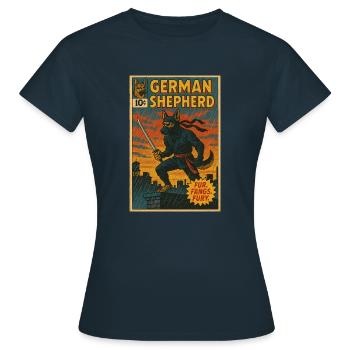 Ninja German Shepherd Comic Book Cover - Women's T-Shirt - navy - Front - AI Model Female 172 dark (172cm)