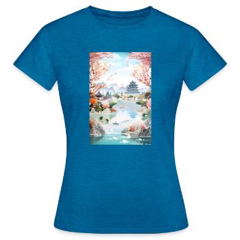 Japan Lake Landscape Temple Gift - Women's T-Shirt - antique blue sapphire heather - Front - AI Model Female 172 dark (172cm)
