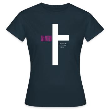 SALVATION – Kreuz-Design - Frauen T-Shirt - Navy - Vorne - AI Model Female 172 dark (172cm)