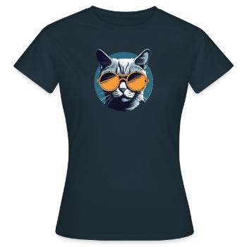 Katze Mietz Stubentiger Sonnenbrille - Frauen T-Shirt - Navy - Vorne - AI Model Female 172 dark (172cm)