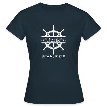 Rerik-Steuerrad, Anker und Koordinaten - Frauen T-Shirt - Navy - Vorne - AI Model Female 172 dark (172cm)