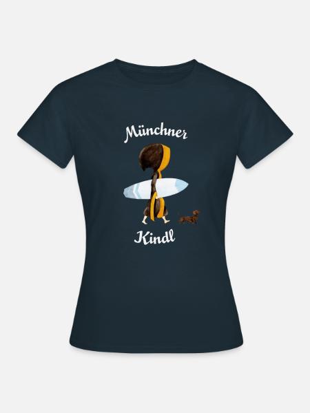 Münchner Kindl "Eisbach Surfer" mit Dackel - Frauen T-Shirt - Navy
