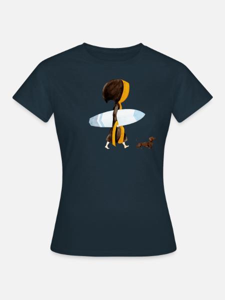 Münchner Kindl "Eisbach Surfer" mit Dackel - Frauen T-Shirt - Navy