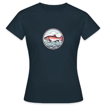 Sakura Stream: Rosa Lachskunst im japanischen Stil - Frauen T-Shirt - Navy - Vorne - AI Model Female 172 dark (172cm)