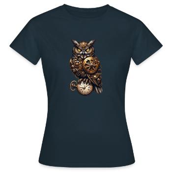 Clockwork Sentinel: Steampunk Owl with Gear - Women's T-Shirt - navy - Front - AI Model Female 172 dark (172cm)