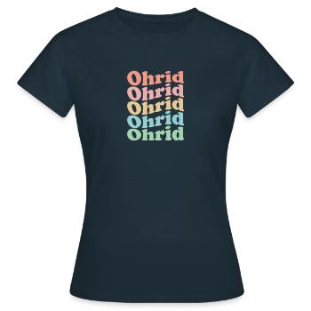 Vintage 70er Hippie Macedonia Stadt - Retro Ohrid - Frauen T-Shirt - Navy - Vorne - AI Model Female 172 dark (172cm)