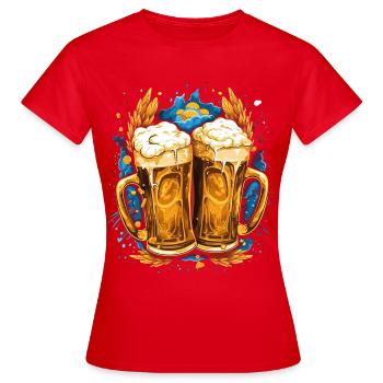 Bier, Bierkrug mit Schaumkrone, Goldene Bierkrüge - Frauen T-Shirt - Rot - Vorne - AI Model Female 172 dark (172cm)