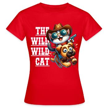 Cartoon Cowboy Cat Rides on Dog, The Wild Cat - Women's T-Shirt - red - Front - AI Model Female 172 dark (172cm)