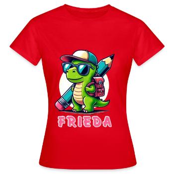 Lustiger Dinosaurier mit Schulranzen und Brille - Frauen T-Shirt - Rot - Vorne - AI Model Female 172 dark (172cm)