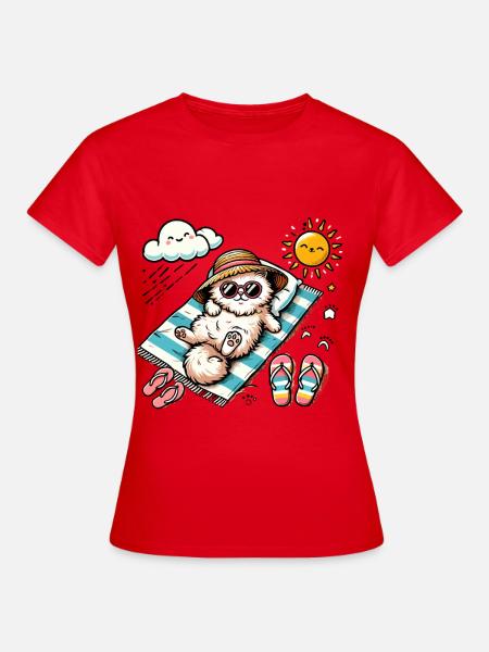 Strandkatze Relaxing Sonne - Frauen T-Shirt - Rot