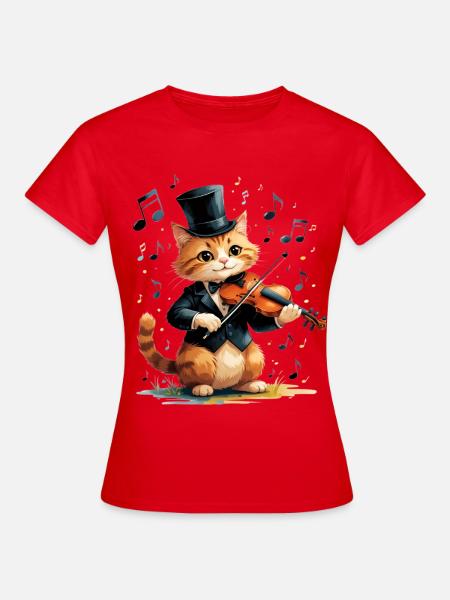 Katzenviolinist im Zylinder - Frauen T-Shirt - Rot