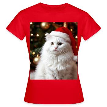 White cat with Santa hat, Christmassy - Women's T-Shirt - red - Front - AI Model Female 172 dark (172cm)