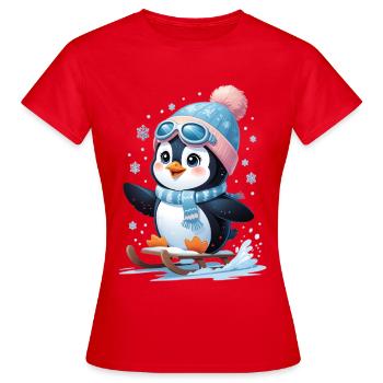Winterpinguin auf dem Schlitten - Frauen T-Shirt - Rot - Vorne - AI Model Female 172 dark (172cm)